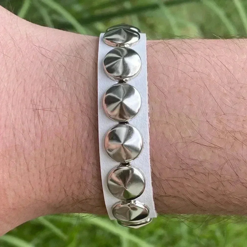 White Leather Punk Goth Rock Metal Stud Snap Cuff Bracelet NWT